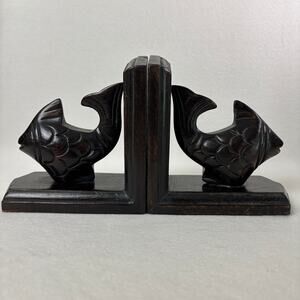 Carved Wood Fish Bookends, Dark Stain Coastal Beach Shelf Decor